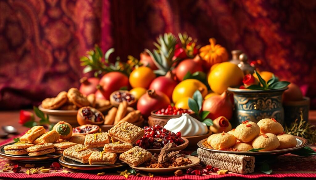 A vibrant and festive still-life arrangement, capturing the essence of Indian culinary traditions. In the foreground, an array of delectable sweets and savory snacks, adorned with intricate patterns and vibrant hues - bursting with the flavors of cardamom, saffron, and rose. In the middle ground, a bounty of fresh seasonal produce, including pomegranates, citrus fruits, and fragrant spices, all bathed in warm, golden lighting. The background features a rich, textured fabric in deep jewel tones, creating a sense of warmth and celebration. The composition evokes a mood of joyous festivities, honoring the diverse customs and traditions that make Indian celebrations truly special.