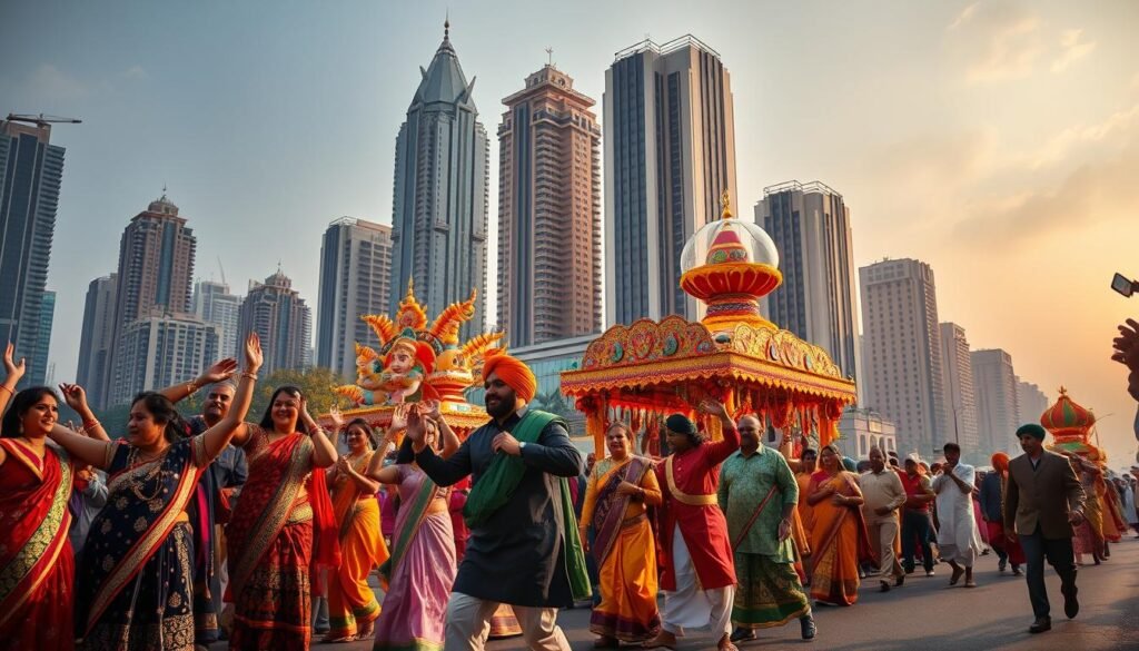 A vibrant celebration of Indian festivals in a global context. In the foreground, a diverse group of people adorned in traditional Indian attire - saris, kurtas, and turbans - dancing joyfully against the backdrop of an urban skyline. The middle ground showcases intricately decorated floats, vibrant with colors and patterns, parading through the streets. In the background, towering skyscrapers and modern architecture provide a contrast to the timeless Indian cultural elements. Warm, golden lighting illuminates the scene, creating a festive, celebratory atmosphere. The overall composition captures the essence of India's rich cultural heritage being embraced and celebrated in an international setting.