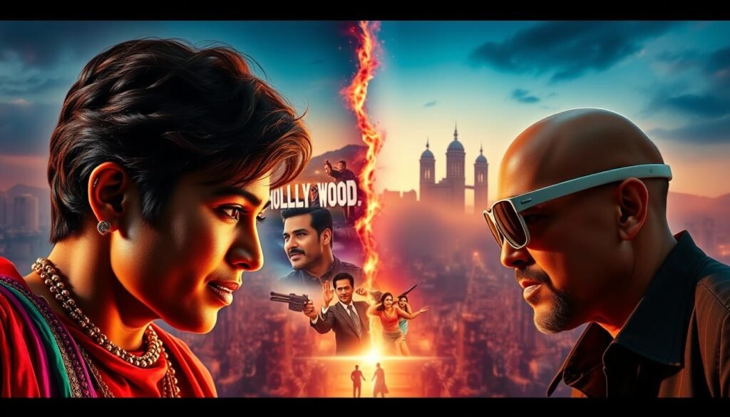 A vibrant cinematic clash between the bold, colorful world of Bollywood and the glossy, high-budget spectacle of Hollywood. In the foreground, two iconic movie stars from each industry face off, their expressions conveying the dynamic tension between the two powerhouses. The middle ground features a montage of signature scenes, from Bollywood's grand dance numbers to Hollywood's dazzling special effects. In the background, the skylines of Mumbai and Los Angeles loom, their distinct architectural styles creating a visual dichotomy. Dramatic lighting casts dramatic shadows, evoking the high-stakes competition between these two film empires. The scene is captured with a cinematic, wide-angle lens, immersing the viewer in the larger-than-life clash of these two titans of global cinema. A vibrant cinematic clash between the bold, colorful world of Bollywood and the glossy, high-budget spectacle of Hollywood. In the foreground, two iconic movie stars from each industry face off, their expressions conveying the dynamic tension between the two powerhouses. The middle ground features a montage of signature scenes, from Bollywood's grand dance numbers to Hollywood's dazzling special effects. In the background, the skylines of Mumbai and Los Angeles loom, their distinct architectural styles creating a visual dichotomy. Dramatic lighting casts dramatic shadows, evoking the high-stakes competition between these two film empires. The scene is captured with a cinematic, wide-angle lens, immersing the viewer in the larger-than-life clash of these two titans of global cinema.