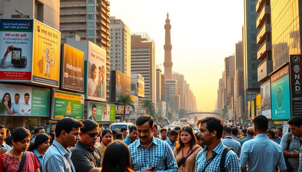 A vibrant cityscape of modern high-rises and bustling streets, illuminated by warm afternoon sunlight. In the foreground, a group of people engrossed in financial discussions, their expressions pensive yet determined. Surrounding them, billboards and digital screens display information on government schemes, investment options, and financial literacy programs. The middle ground features a mix of office workers, students, and small business owners, all navigating the complexities of personal finance. In the background, a towering monument or landmark symbolizes the growth and evolution of India's financial landscape. The overall atmosphere conveys a sense of progress, education, and the empowerment of the Indian people to take control of their financial futures.