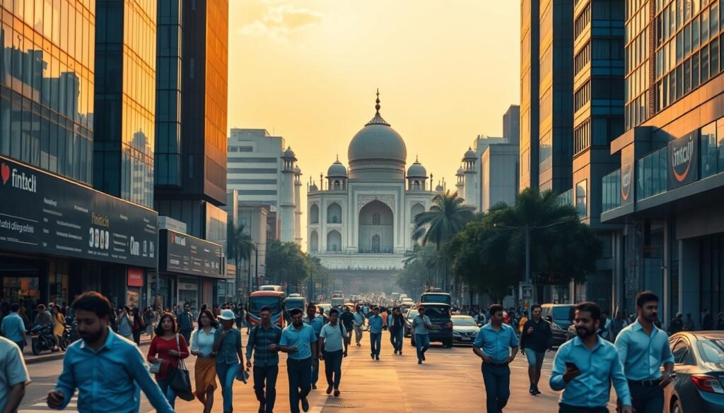 A vibrant cityscape showcasing the dynamic Fintech industry of India. In the foreground, a bustling street scene with modern glass skyscrapers housing Fintech startups and established financial institutions. Pedestrians hurry by, smartphone in hand, representing the tech-savvy consumers driving innovation. The middle ground features a blend of traditional and contemporary architecture, hinting at India's rich financial heritage merging with cutting-edge technologies. In the background, the silhouette of the Taj Mahal stands tall, a symbolic representation of India's global presence. Warm, golden sunlight filters through, casting a sense of optimism and progress. The scene is captured with a wide-angle lens, conveying the scale and rapid transformation of India's Fintech landscape.