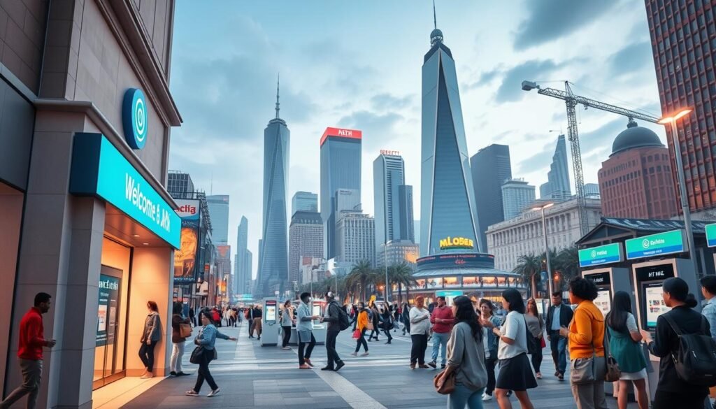 A vibrant cityscape with a diverse array of people easily accessing modern banking services. In the foreground, a well-lit bank entrance with an inclusive design, welcoming all individuals. The middle ground showcases a bustling public square, with citizens of various ages and backgrounds using digital kiosks, mobile apps, and ATMs to manage their finances seamlessly. The background features skyscrapers and infrastructure symbolizing a thriving, interconnected economy built on universal financial inclusion. Soft, warm lighting sets an atmosphere of accessibility, progress, and community empowerment.