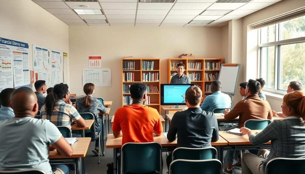 A vibrant classroom setting, with a group of attentive students seated at desks, engaged in a financial literacy program. The instructor, a warm and approachable figure, stands at the front, using a digital presentation to guide the discussion. Soft, natural lighting filters in through large windows, creating a welcoming atmosphere. The walls are adorned with informative posters and charts, providing visual aids to enhance the learning experience. In the background, a bookshelf filled with personal finance resources stands as a testament to the program's comprehensive approach. The overall scene conveys a sense of empowerment, as the students gain the knowledge and skills to make informed financial decisions.