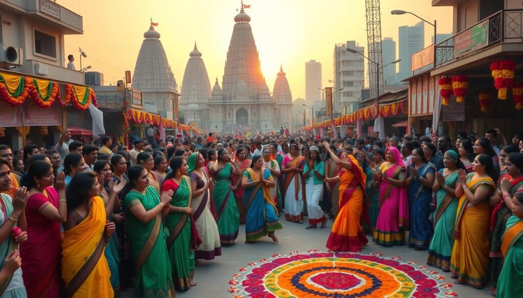 A vibrant crowd of people in traditional Indian attire, celebrating a lively festival in a bustling city street. In the foreground, colorful rangoli patterns adorn the ground, with garlands and flowers decorating the nearby buildings. In the middle ground, performers dance to the rhythmic beats of drums and cymbals, as onlookers clap and cheer. The background is filled with towering ancient temples and modern skyscrapers, bathed in the warm glow of the setting sun. The atmosphere is one of joy, community, and a celebration of India's rich cultural heritage, hinting at the resilience and evolution of its festivals in the years to come.