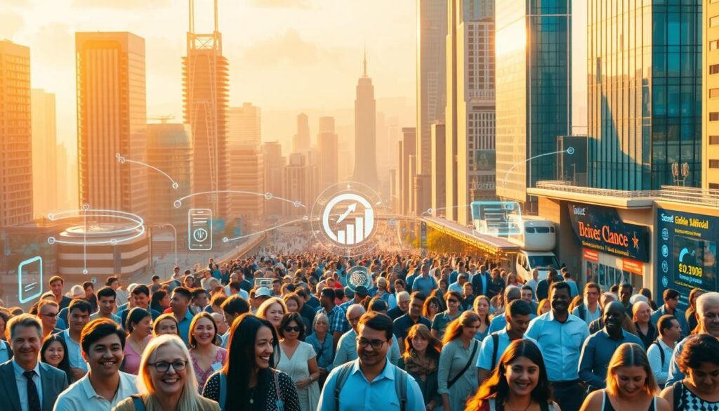 A vibrant, futuristic cityscape of gleaming skyscrapers and bustling streets, illuminated by warm, golden light. In the foreground, a diverse crowd of people from all walks of life, smiling and interacting, symbolizing the inclusivity and accessibility of financial services. Seamless digital interfaces and intuitive mobile apps are visible, hinting at the technology-driven solutions empowering financial inclusion. The middle ground features stylized icons and graphics representing various financial products and services, emphasizing the range of opportunities available. In the background, a panoramic view of the city, with a sense of progress and prosperity, conveying the positive impact of inclusive finance on the overall economy and society.