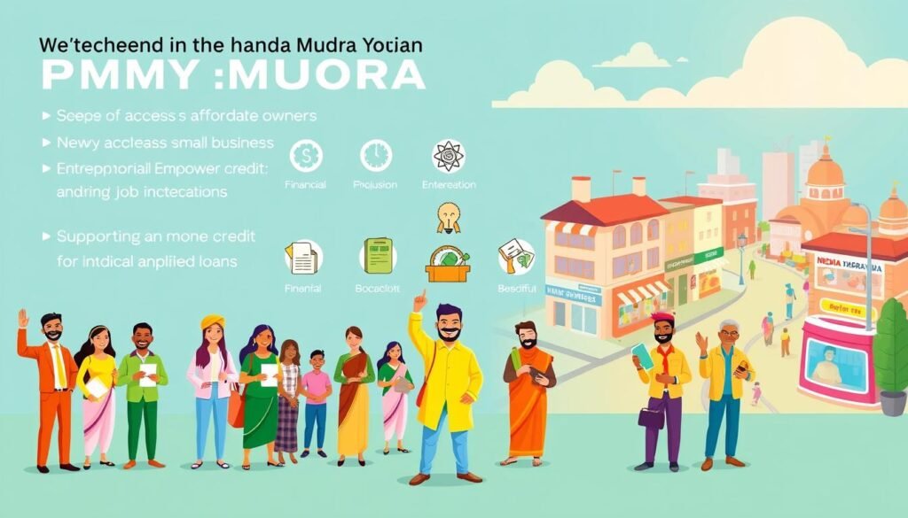 A vibrant illustration showcasing the key benefits of the Pradhan Mantri Mudra Yojana (PMMY) scheme. In the foreground, a diverse group of entrepreneurs and small business owners proudly display their newly acquired loans, representing the easy access to affordable credit. The middle ground features icons symbolizing the scheme's core advantages - financial inclusion, entrepreneurial empowerment, and job creation. In the background, a dynamic cityscape with thriving businesses and bustling streets, conveying the positive impact of the PMMY initiative on the local economy. The lighting is warm and inviting, reflecting the scheme's goal of nurturing and supporting the dreams of India's aspiring entrepreneurs. A vibrant illustration showcasing the key benefits of the Pradhan Mantri Mudra Yojana (PMMY) scheme. In the foreground, a diverse group of entrepreneurs and small business owners proudly display their newly acquired loans, representing the easy access to affordable credit. The middle ground features icons symbolizing the scheme's core advantages - financial inclusion, entrepreneurial empowerment, and job creation. In the background, a dynamic cityscape with thriving businesses and bustling streets, conveying the positive impact of the PMMY initiative on the local economy. The lighting is warm and inviting, reflecting the scheme's goal of nurturing and supporting the dreams of India's aspiring entrepreneurs.