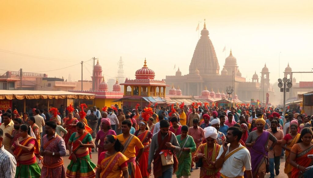 A vibrant kaleidoscope of regional festivals in India, showcasing the country's rich cultural diversity. In the foreground, a lively parade with elaborately costumed dancers and musicians, their movements synchronized to the rhythm of traditional instruments. The middle ground reveals a bustling marketplace, vendors selling vibrant textiles, intricate handicrafts, and fragrant spices. In the background, ornate temples and historical landmarks provide a stunning backdrop, bathed in warm, golden sunlight that filters through the hazy atmosphere. The scene radiates a sense of joy, celebration, and a deep connection to the land and its people.