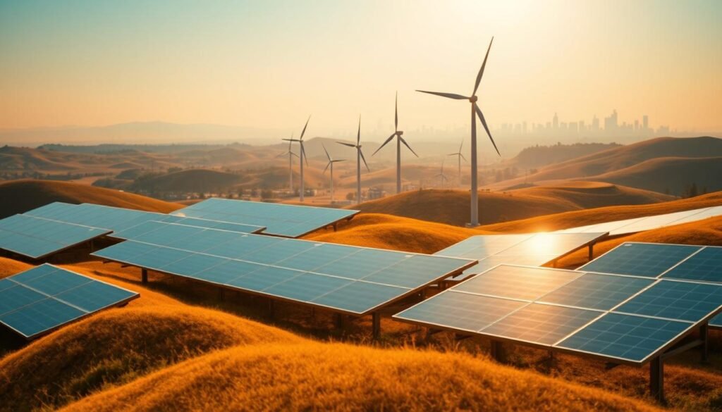 A vibrant landscape of renewable energy in India, bathed in warm golden sunlight. In the foreground, gleaming solar panels cover rolling hills, their sleek surfaces reflecting the sky. In the middle ground, towering wind turbines spin gracefully, their blades cutting through the air with precision. In the distance, a hazy silhouette of a modern city skyline, symbolizing the integration of sustainable technologies into urban infrastructure. The scene conveys a sense of progress, innovation, and a commitment to a greener future. Cinematic wide-angle lens, natural lighting, and a high-resolution, photorealistic style.