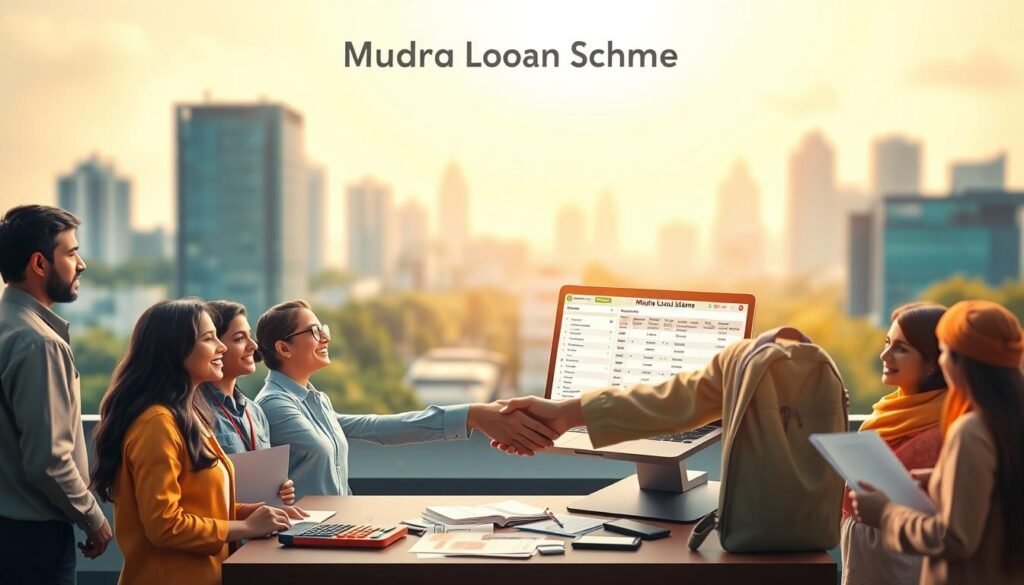 A vibrant, photorealistic illustration of the "Mudra Loan Scheme" against a soft, blurred background. In the foreground, a group of diverse small business owners and entrepreneurs shake hands with a bank representative, signifying the loan approval process. The middle ground showcases various financial documents, calculators, and a laptop displaying loan details. The background features a serene urban landscape with modern office buildings, conveying a sense of progress and opportunity. Warm, natural lighting illuminates the scene, creating a welcoming and approachable atmosphere. The overall composition emphasizes the accessibility and support provided by the Mudra Loan Scheme for small businesses and entrepreneurs. A vibrant, photorealistic illustration of the "Mudra Loan Scheme" against a soft, blurred background. In the foreground, a group of diverse small business owners and entrepreneurs shake hands with a bank representative, signifying the loan approval process. The middle ground showcases various financial documents, calculators, and a laptop displaying loan details. The background features a serene urban landscape with modern office buildings, conveying a sense of progress and opportunity. Warm, natural lighting illuminates the scene, creating a welcoming and approachable atmosphere. The overall composition emphasizes the accessibility and support provided by the Mudra Loan Scheme for small businesses and entrepreneurs.