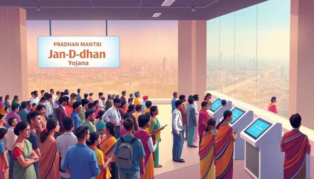 A vibrant, photorealistic illustration of the Pradhan Mantri Jan-Dhan Yojana, India's flagship financial inclusion program. The scene depicts a modern banking hall, with a large, illuminated sign reading "Jan-Dhan Yojana" prominently displayed. In the foreground, a diverse group of people - young, old, urban and rural - queue patiently to open new bank accounts, their faces a mix of excitement and hope. The middle ground features rows of sleek, touchscreen-enabled banking counters, staffed by attentive bank employees. The background showcases a panoramic view of a bustling city skyline, symbolizing the nationwide reach of this transformative initiative. The lighting is soft and natural, creating a warm, inviting atmosphere that captures the spirit of financial empowerment at the heart of the Pradhan Mantri Jan-Dhan Yojana.