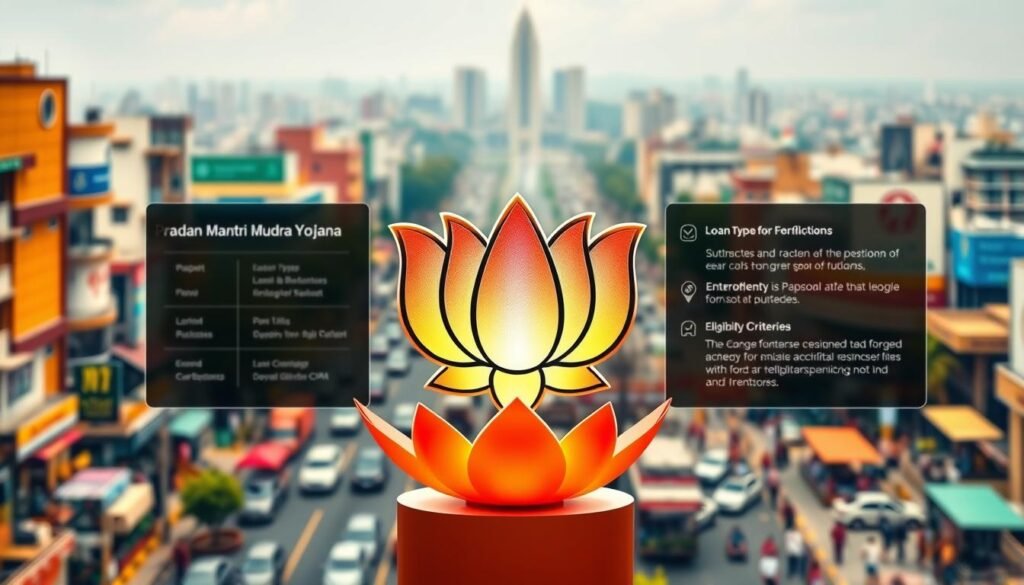 A vibrant, photorealistic rendering of the "Pradhan Mantri Mudra Yojana" logo and branding. In the foreground, the iconic lotus flower emblem stands prominently, its petals detailed with a soft, pearlescent sheen. Surrounding it, a sleek, modern interface displays key information about the scheme, such as loan types and eligibility criteria, rendered in a clean, minimalist style. In the background, a cityscape of bustling small businesses and entrepreneurial hubs fills the frame, conveying the program's scope and impact. The lighting is warm and natural, creating a sense of approachability and accessibility. The overall composition exudes a tone of empowerment, progress, and financial inclusion. A vibrant, photorealistic rendering of the "Pradhan Mantri Mudra Yojana" logo and branding. In the foreground, the iconic lotus flower emblem stands prominently, its petals detailed with a soft, pearlescent sheen. Surrounding it, a sleek, modern interface displays key information about the scheme, such as loan types and eligibility criteria, rendered in a clean, minimalist style. In the background, a cityscape of bustling small businesses and entrepreneurial hubs fills the frame, conveying the program's scope and impact. The lighting is warm and natural, creating a sense of approachability and accessibility. The overall composition exudes a tone of empowerment, progress, and financial inclusion.