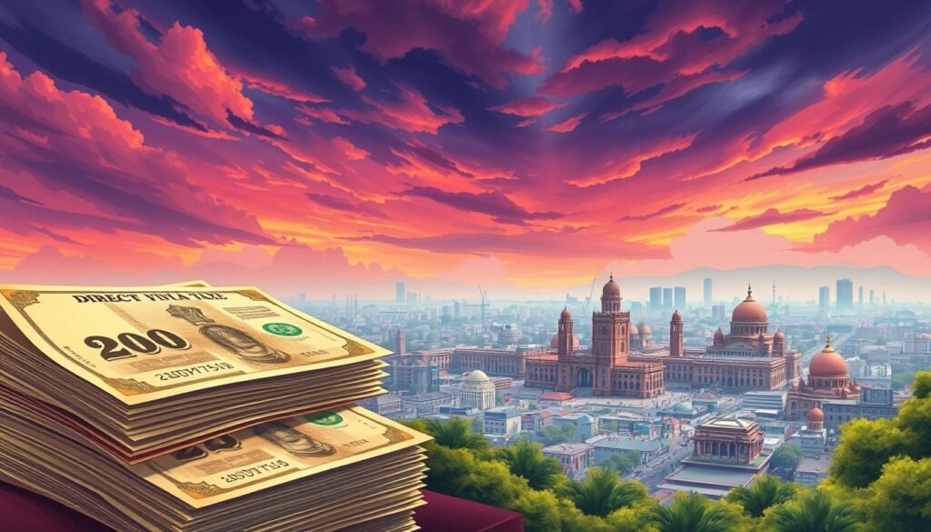 A vibrant, realistic illustration depicting the contrast between direct and indirect taxes. In the foreground, a stack of currency notes represents direct taxes such as income tax, with clear numerical values. In the middle ground, a sprawling cityscape symbolizes indirect taxes like GST, with intricate architectural details and people navigating the urban landscape. The background features a dramatic sky with dynamic lighting, creating a sense of depth and significance. The overall composition conveys the complexity and interconnectedness of India's tax system, inviting the viewer to explore the nuances of direct and indirect taxation.