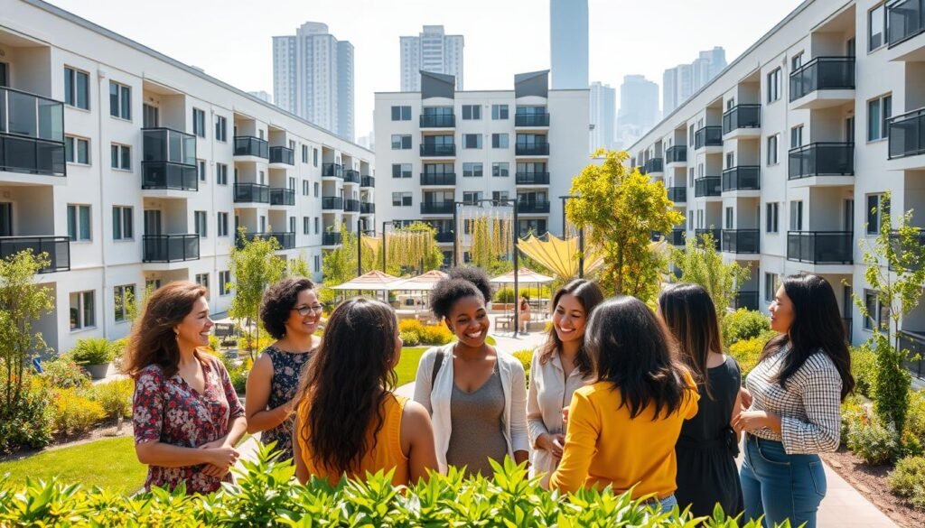 A vibrant, sunlit apartment complex with modern, clean architecture and well-manicured landscaping. In the foreground, a group of diverse women, from varying age groups and ethnicities, gather together in an empowered, supportive community. They smile and converse, their expressions radiating a sense of camaraderie and self-assurance. The middle ground showcases shared amenities like a communal garden, children's play area, and a community center, all designed to foster a nurturing, inclusive environment. In the background, the silhouettes of high-rise buildings suggest an urban setting, underscoring the availability of affordable, women-centric housing in a metropolitan context.