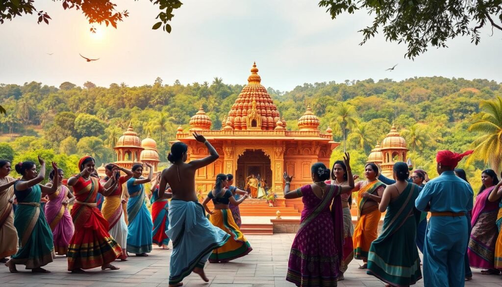A vibrant tapestry of Indian culture and heritage, a visual representation of the "Cultural and Educational Rights" enshrined in the Constitution. In the foreground, a group of diverse individuals engage in traditional dance, their movements graceful and expressive. The middle ground showcases an ornate temple, its intricate architecture a testament to India's rich artistic legacy. In the background, a lush, verdant landscape frames the scene, the warm glow of the sun casting a soft, inviting light. The overall composition conveys a sense of harmony, unity, and the preservation of India's cherished cultural traditions.