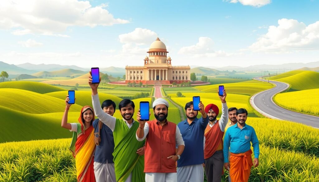 A vivid digital illustration of the "PM Kisan Samman Nidhi" scheme, showcasing a rural Indian landscape with rolling hills, lush green fields, and a serene sky. In the foreground, a group of diverse farmers stand proudly, their faces filled with hope and gratitude as they hold up their mobile phones, representing the seamless digital transfer of the government's direct cash benefits. The middle ground features a prominent government building, its architecture blending traditional and modern elements, symbolizing the scheme's institutional framework. In the background, a winding road leads towards a distant horizon, suggesting the scheme's reach and impact across the country. The overall scene conveys a sense of empowerment, progress, and the government's commitment to supporting the agricultural community.