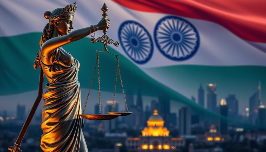 A vivid illustration of India's constitutional right to equality, featuring a majestic, well-lit statue of Lady Justice holding balanced scales against a backdrop of the Indian flag. The foreground showcases intricate details of the statue's design, with a warm, golden glow illuminating the figure. In the middle ground, a serene, modern cityscape with iconic landmarks subtly represents the diverse Indian society. The overall atmosphere conveys a sense of justice, harmony, and the unwavering commitment to the fundamental right of equality for all citizens.