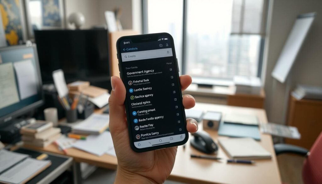 A well-lit office interior with a cluttered desk, computer monitor, and various office supplies like pens, notepads, and a desk phone. In the foreground, a hand holding a smartphone is in focus, with the screen displaying a list of government agency contacts. The background is slightly blurred, showing a window with a cityscape visible outside. The overall mood is one of productivity and efficiency, conveying the sense of following up on an important email to a government agency.