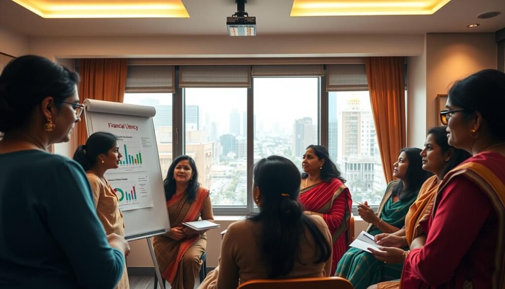 A well-lit scene depicting a group of diverse Indian women engaged in a financial literacy workshop. In the foreground, a female instructor stands before a whiteboard, presenting colorful charts and graphs. Around her, attentive women of varying ages and backgrounds listen intently, taking notes and exchanging ideas. The middle ground features a cozy, modern classroom setting with warm, natural lighting filtering through large windows. In the background, a vibrant cityscape of bustling streets and skyscrapers suggests the urban context of the scene. The overall atmosphere conveys a sense of empowerment, knowledge sharing, and a commitment to financial independence for women in India.