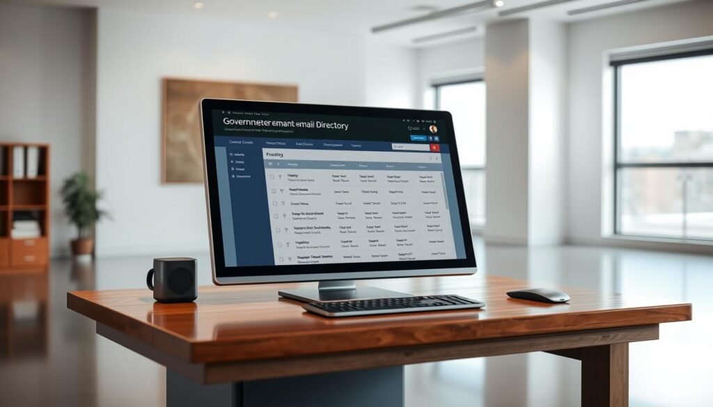 A well-organized government email directory displayed on a polished wooden desk, with a warm, professional lighting illuminating the screen. The directory interface features clean typography, intuitive navigation, and subtle color accents that convey a sense of authority and efficiency. The desk is positioned in a spacious, minimalist office setting, with a large window in the background allowing natural light to filter in, creating a serene and productive atmosphere. The overall scene suggests a meticulously crafted system designed to facilitate seamless communication between government departments and ministries.