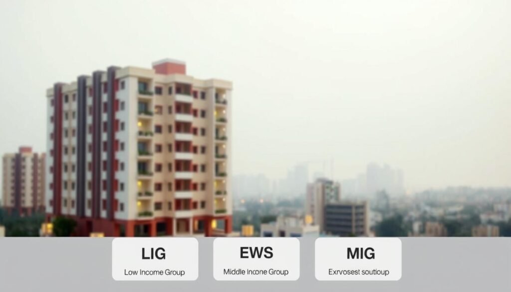A well-organized illustration of income classification under the Pradhan Mantri Awas Yojana (PMAY) scheme. The foreground features a clean, minimalist design with simple icons representing the different income groups - Low Income Group (LIG), Economically Weaker Section (EWS), and Middle Income Group (MIG). The middle ground showcases a modern, well-lit apartment building, symbolizing the affordable housing projects. The background depicts a cityscape with a soft, hazy atmosphere, emphasizing the urban setting. The overall mood is one of clarity, accessibility, and the government's commitment to providing housing solutions for the economically disadvantaged.