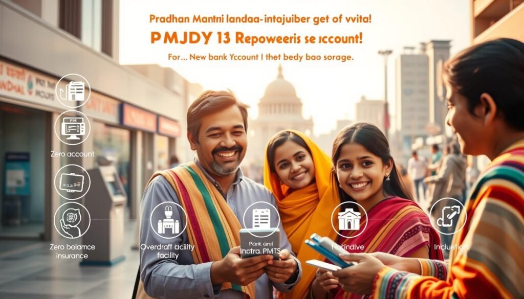A wide, high-resolution image showcasing the key benefits of the Pradhan Mantri Jan-Dhan Yojana (PMJDY) scheme. In the foreground, a smiling family opening a new bank account, with a bank representative assisting them. In the middle ground, icons and infographics highlighting benefits like zero balance accounts, accident insurance, overdraft facility, and financial inclusion. In the background, a cityscape with modern bank branches, ATMs, and digital banking infrastructure, conveying the scheme's nationwide reach and impact. The lighting is warm and inviting, with a sense of optimism and empowerment. The composition and angle create a sense of accessibility and inclusion, reflecting the scheme's aim to bring banking services to all.