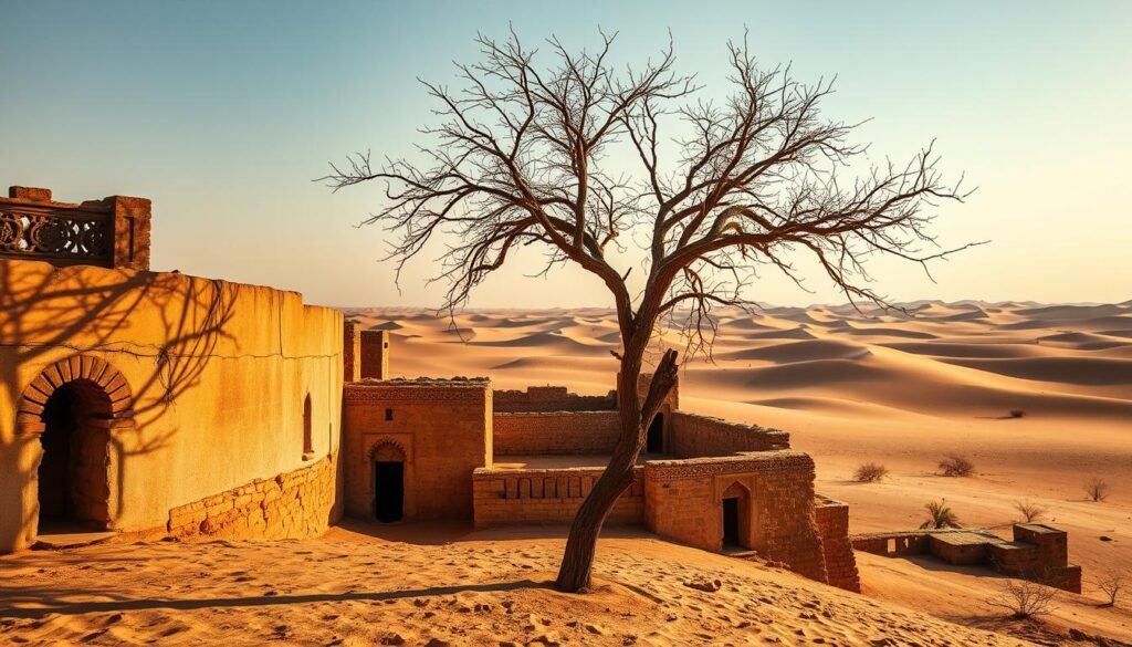 An abandoned village nestled in the heart of the Thar Desert, Kuldhara stands as a haunting testament to a forgotten past. Capture the eerie stillness of its crumbling mud-brick structures, their weathered facades casting long shadows across the golden sands. In the foreground, a lone tree stands sentry, its gnarled branches reaching towards the cloudless sky. The middle ground reveals the intricate architectural details of the village, with arched doorways and intricate carvings hinting at a once-vibrant community. In the distance, the undulating dunes stretch to the horizon, creating a sense of isolation and mystery. Bathed in warm, golden light, this hauntingly beautiful scene evokes the passage of time and the ephemeral nature of human existence.