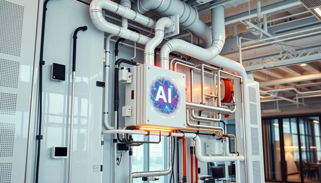 An advanced HVAC system, its sleek white exterior panels reflecting the warm glow of ambient lighting. Intricate networks of pipes, ducts, and sensors weave throughout, monitoring and regulating temperature, humidity, and airflow. At the center, an AI control module pulses with artificial intelligence, processing real-time data to optimize energy efficiency and occupant comfort. In the background, a modern office space with floor-to-ceiling windows allows natural light to flood the scene, complementing the high-tech HVAC system. The overall impression is one of cutting-edge innovation, where mechanical engineering seamlessly integrates with the latest advancements in artificial intelligence.