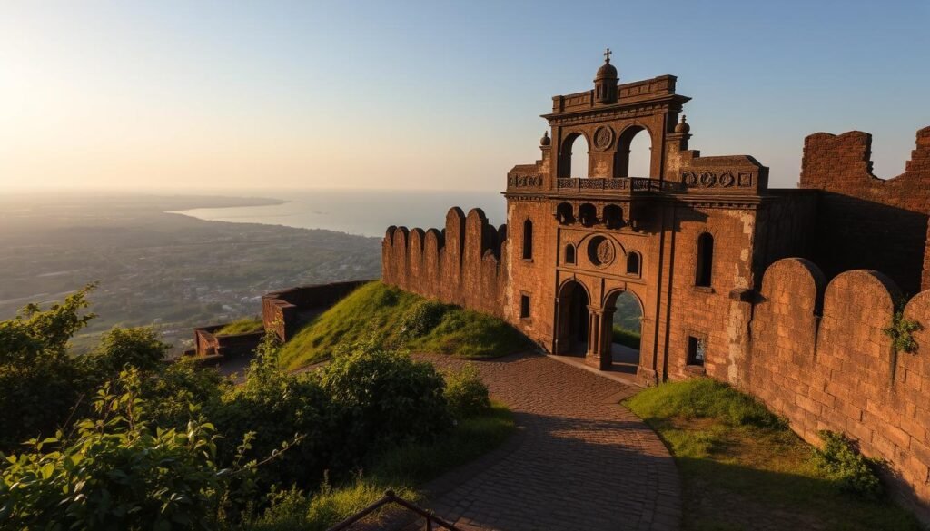 An ancient fortress nestled atop a scenic hilltop, the Vasai Fort stands as a hidden gem, its weathered walls whispering tales of a bygone era. Bathed in the warm glow of the setting sun, the intricate architecture and crumbling ramparts invite exploration, beckoning visitors to uncover its captivating history. In the foreground, a cobblestone path winds through lush vegetation, leading the way to the imposing main gate. Majestic archways and ornate details adorn the structure, casting long shadows across the weathered stone. Beyond, the middle ground reveals a panoramic view of the surrounding landscape, where the glistening waters of the Arabian Sea meet the horizon. A sense of tranquility and mystery permeates the scene, inviting the viewer to step back in time and unravel the secrets of this underappreciated treasure.