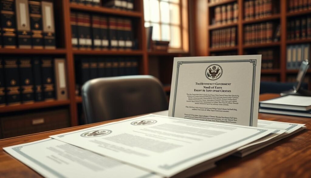 An elegant overhead view of a government office desktop, showcasing a stack of official-looking email templates on high-quality stationery. The templates feature intricate letterhead designs with ornate crests, seals, and formal typography, conveying a sense of authority and professionalism. The desktop is bathed in warm, directional lighting, casting subtle shadows and highlights that accentuate the textures of the paper and wood surfaces. In the background, a blurred bookshelf filled with thick binders and reference materials suggests a meticulously organized workspace. The overall mood is one of efficiency, attention to detail, and the gravity of official government communication.