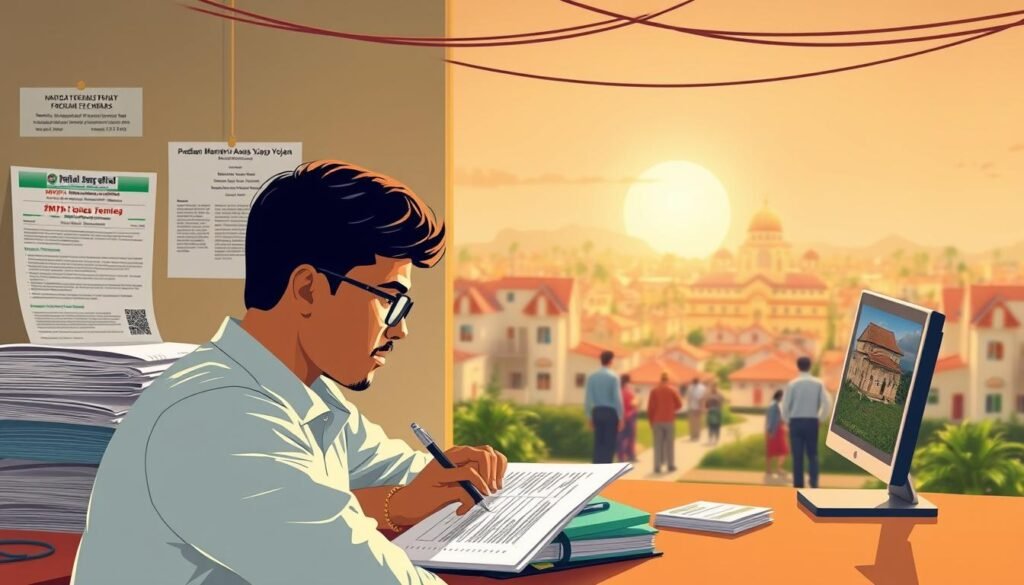 An intricately detailed illustration of the application process for the Pradhan Mantri Awas Yojana (PMAY) housing scheme. In the foreground, a person carefully filling out a form, surrounded by stacks of documents and a computer displaying the online portal. In the middle ground, a group of people discussing the requirements and guidelines, while in the background, a bustling community with newly constructed affordable homes stands as a testament to the program's impact. Warm, natural lighting casts a hopeful glow, capturing the essence of this life-changing initiative for the underserved. Presented in a clean, technical style with an emphasis on clarity and functionality.
