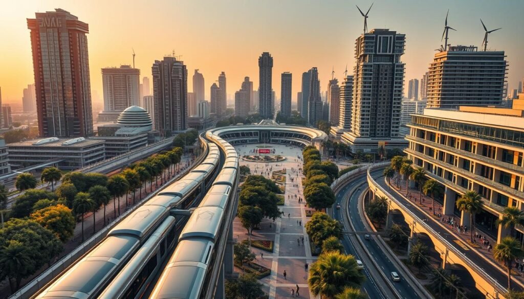 An urban landscape of futuristic skyscrapers and meticulously planned infrastructure, bathed in warm, golden hour lighting. In the foreground, sleek, driverless vehicles glide along elevated monorail tracks, while pedestrians stroll along tree-lined promenades. The middle ground features a bustling public square, with towering residential towers and commercial hubs in the background. Perched atop the buildings, renewable energy sources like solar panels and wind turbines harness the power of nature. The scene conveys a sense of technological advancement, efficiency, and sustainability - a vision of India's smart cities of the future.