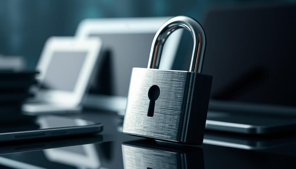 Detailed close-up view of a padlock icon symbolizing data privacy, set against a blurred background of various digital devices like smartphones, laptops, and tablets. The padlock is rendered in a shiny metallic finish, casting subtle reflections. The overall scene has a cool, high-tech aesthetic with muted tones and soft lighting, conveying a sense of security and protection around sensitive digital information.