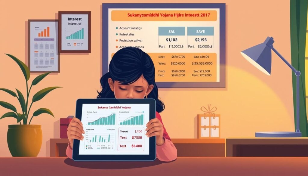 Detailed illustration of an interest calculation for the Sukanya Samriddhi Yojana, a high-interest savings scheme for girls in India. In the foreground, a young girl sits at a desk, focused on a tablet displaying financial graphs and calculations. Behind her, a wall-mounted display shows the scheme's interest rates and account balance projections. The middle ground features a mix of traditional and modern Indian elements, including a potted plant, a framed calendar, and a sleek desk lamp. The background has a warm, inviting atmosphere with a hint of natural light filtering through a window, evoking a sense of financial security and a bright future.