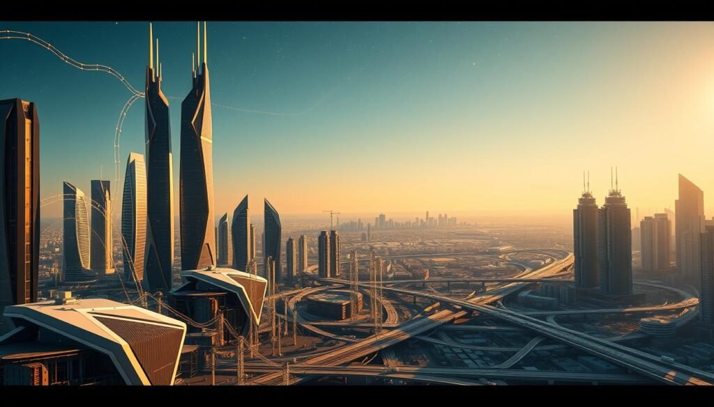 Digital infrastructure development, depicting a futuristic cityscape with towering skyscrapers, interconnected data centers, and glowing fiber optic cables. The scene is bathed in a warm, amber-hued lighting, casting long shadows and highlighting the intricate web of technological advancements. In the foreground, sleek, angular structures house state-of-the-art computing hardware, while in the middle ground, a complex network of roads and transportation systems weave through the urban landscape. The background is a panoramic view of the city, with a distant horizon line and a clear, starry sky, symbolizing the boundless potential of technology to transform and elevate the human experience.