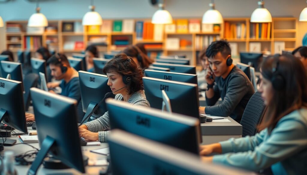 Educational helplines, a vital network of support for learners. Rows of sleek office desks, softly lit by warm overhead lamps. Operators diligently assist callers, their faces focused and empathetic. In the background, a vibrant display of educational resources - textbooks, laptops, and colorful learning materials - creating an atmosphere of intellectual curiosity. The scene exudes a sense of professionalism and care, capturing the essence of educational helplines as a crucial resource for students, teachers, and families seeking guidance and support. High-resolution, cinematic lighting, 50mm lens, shallow depth of field.
