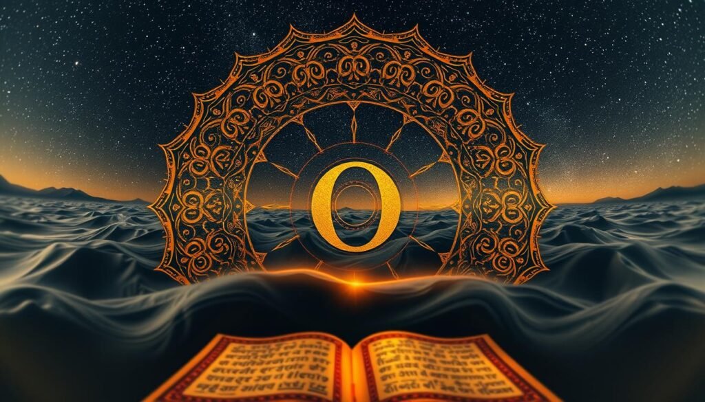 Floating in a sea of ancient knowledge, a stunningly intricate mandalic composition showcases the legacy of Indian numerals. In the foreground, the iconic symbol of zero takes center stage, its elegant simplicity radiating a profound significance. Surrounding it, a dazzling array of Hindu-Arabic numerals unfurl, their forms intertwining to create a mesmerizing visual tapestry. The middle ground features ornate, hand-painted mathematical manuscripts, illuminated by a warm, golden light that casts a reverent glow. In the background, a majestic, starry night sky serves as a timeless backdrop, reminding us of the enduring impact of this foundational concept from the Indian subcontinent. Captured with a wide-angle lens, this image conveys a sense of awe and wonder at the legacy of Indian numerals, a testament to the intellectual prowess and mathematical genius of the ancient civilization.