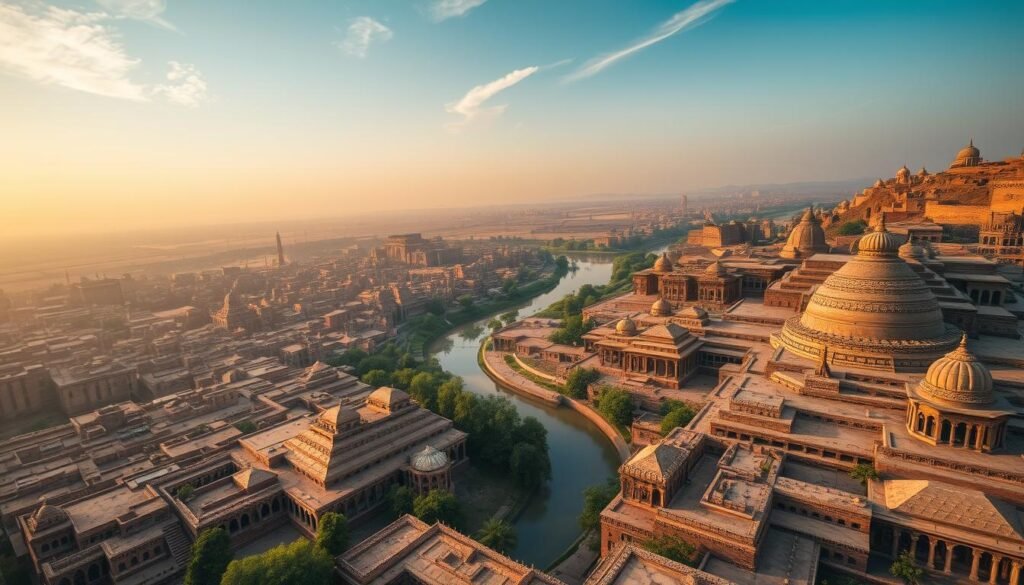 Indus Valley city at dusk, wide-angle aerial view of an ancient metropolis with intricate grid-like streets, stepped pyramids, and domed brick structures rising above lush riverbanks. The scene is bathed in warm, golden light, creating a sense of timeless majesty. Detailed textures of sun-baked mud bricks, ornamental carvings, and weathered facades evoke the advanced urban planning and architectural sophistication of this lost civilization. Wispy clouds drift overhead, and the Indus River winds serenely through the heart of the cityscape. The overall atmosphere is one of awe-inspiring antiquity and enduring cultural legacy.