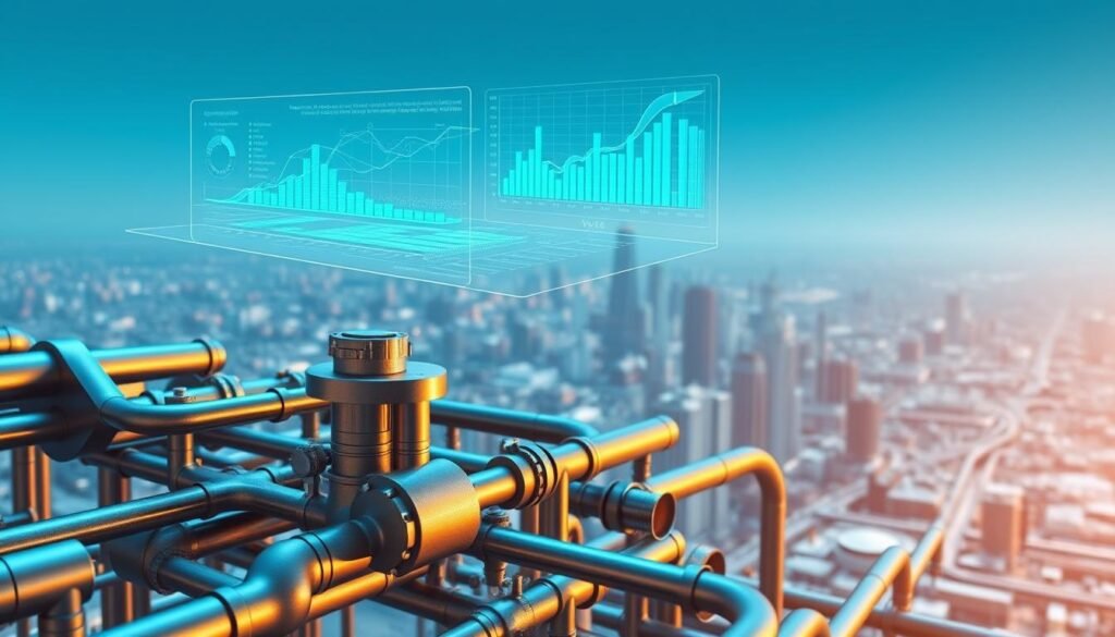 Plumbing engineering design and AI: a futuristic blueprint for intelligent fluid systems. In the foreground, a 3D CAD model of a complex piping network, rendered in sleek metallic hues. Hovering above, a holographic interface showcases real-time sensor data and predictive analytics, guiding the optimization of flow, pressure, and energy efficiency. In the background, a vast cityscape recedes, its buildings and infrastructure woven together by a dynamic web of pipes and conduits. The scene is bathed in a cool, blue-tinted light, evoking the precision and technological prowess of next-generation plumbing design, powered by the convergence of engineering and artificial intelligence.