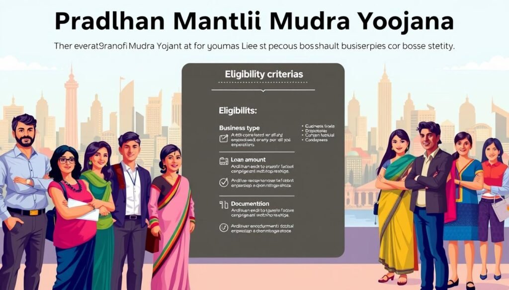 Prompt A well-lit, detailed illustration showcasing the eligibility criteria for the Pradhan Mantri Mudra Yojana, a government-backed loan scheme for small businesses and entrepreneurs. In the foreground, a group of diverse business owners stand confidently, representing the target demographic. The middle ground features a sleek, modern infographic highlighting the key eligibility requirements, such as business type, loan amount, and documentation needed. The background depicts a vibrant cityscape, symbolizing the thriving entrepreneurial ecosystem supported by the scheme. The overall mood is one of empowerment, accessibility, and opportunity for small-scale enterprises. Prompt A well-lit, detailed illustration showcasing the eligibility criteria for the Pradhan Mantri Mudra Yojana, a government-backed loan scheme for small businesses and entrepreneurs. In the foreground, a group of diverse business owners stand confidently, representing the target demographic. The middle ground features a sleek, modern infographic highlighting the key eligibility requirements, such as business type, loan amount, and documentation needed. The background depicts a vibrant cityscape, symbolizing the thriving entrepreneurial ecosystem supported by the scheme. The overall mood is one of empowerment, accessibility, and opportunity for small-scale enterprises.