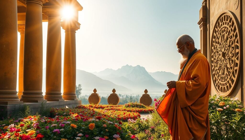 Radiant temple columns stand sentinel, casting soft amber light across a serene, flower-strewn garden. In the foreground, an ancient Ayurvedic physician in flowing robes examines medicinal herbs, their leaves rustling gently in the breeze. The middle ground reveals intricate mandalas carved into stone, symbols of the interconnectedness of body, mind, and spirit. Distant mountains loom, their peaks capped with pristine snow, a timeless backdrop to this timeless practice. An atmosphere of tranquility and deep wisdom pervades the scene, inviting the viewer to immerse themselves in the timeless traditions of Ayurveda, the science of life.