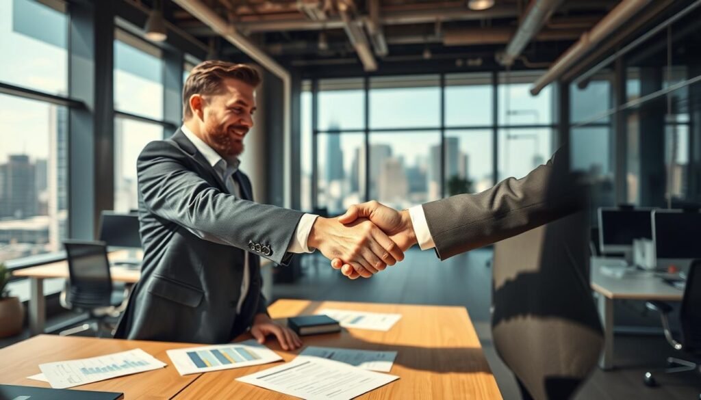 a detailed, high-resolution image of NBFC partnerships in the context of easy loans for small businesses and entrepreneurs. The foreground depicts two businesspeople shaking hands in a professional setting, conveying a sense of collaboration and trust. The middle ground showcases a modern office environment with desks, computers, and financial documents, highlighting the role of financial institutions. The background features a cityscape with skyscrapers, suggesting the larger economic landscape. The lighting is natural and warm, creating a welcoming atmosphere. The image is captured with a wide-angle lens to provide a comprehensive view of the scene. a detailed, high-resolution image of NBFC partnerships in the context of easy loans for small businesses and entrepreneurs. The foreground depicts two businesspeople shaking hands in a professional setting, conveying a sense of collaboration and trust. The middle ground showcases a modern office environment with desks, computers, and financial documents, highlighting the role of financial institutions. The background features a cityscape with skyscrapers, suggesting the larger economic landscape. The lighting is natural and warm, creating a welcoming atmosphere. The image is captured with a wide-angle lens to provide a comprehensive view of the scene.