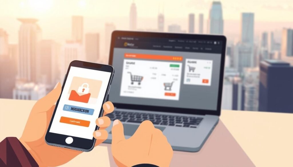 a digital illustration of a secure online transaction, featuring a person's hand using a smartphone to make a payment on a website. The foreground shows the hand holding the phone, with a credit card icon and secure payment confirmation on the screen. The middle ground depicts a laptop displaying a website with shopping cart and checkout interfaces. The background features a cityscape with skyscrapers, suggesting an urban setting for the online transaction. The lighting is soft and warm, creating a sense of comfort and trust. The overall mood is one of safety and reliability in digital financial interactions.
