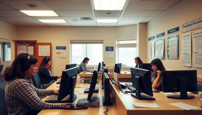 a government assistance phone line office interior, with a reception desk and several phone operators wearing headsets, taking calls in a professional, efficient manner. The lighting is warm and inviting, with windows allowing natural light to stream in. The space is clean, organized, and designed to provide a comfortable, welcoming environment for citizens seeking financial help. The walls are adorned with informative posters and brochures, providing clear guidance on the available assistance programs. The overall atmosphere conveys a sense of care, empathy, and a commitment to serving the community.