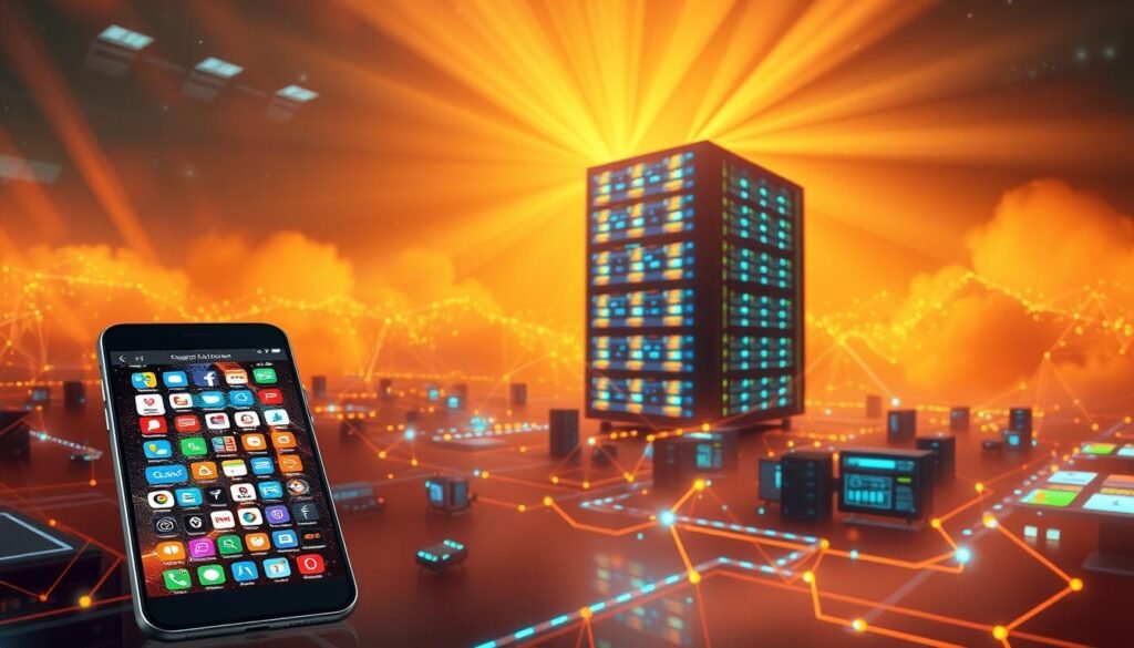 a vibrant and dynamic digital landscape, showcasing the transformative initiatives of Digital India. in the foreground, a sleek smartphone displays a mosaic of apps and services, representing the seamless integration of technology into everyday life. the middle ground features a network of connected devices, from smart home sensors to wearable tech, all working in harmony to improve efficiency and convenience. in the background, a towering data center looms, its glowing server racks symbolizing the powerful infrastructure that powers the digital revolution. the scene is bathed in a warm, futuristic glow, with rays of light cutting through the haze, creating a sense of progress and innovation. the overall atmosphere conveys a sense of progress, connectivity, and the boundless potential of a digitally empowered India.