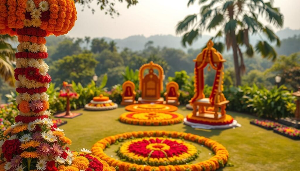 floral arrangements during Bathukamma festival floral arrangements during Bathukamma festival
