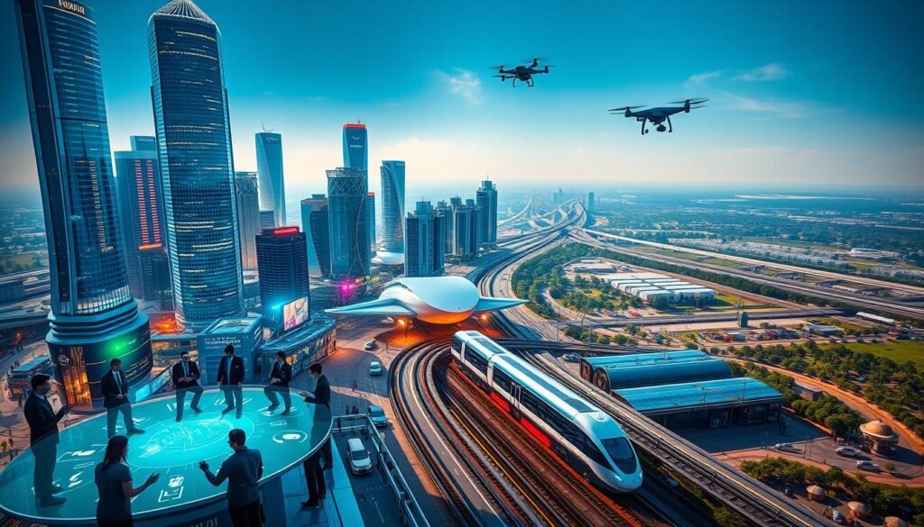 global collaborations Digital India, a futuristic cityscape with towering skyscrapers and gleaming glass structures, illuminated by vibrant neon lights and holographic displays. In the foreground, digital avatars and holograms of people from around the world engage in collaborative discussions, their hands gesturing across virtual interfaces. The middle ground features a bustling transportation hub, with autonomous vehicles, flying drones, and a high-speed rail system connecting the city. In the background, a sprawling landscape of lush greenery and renewable energy infrastructure, symbolizing India's commitment to sustainable development. The scene is captured with a wide-angle, cinematic lens, bathed in a warm, futuristic glow, conveying a sense of innovation, progress, and global unity.