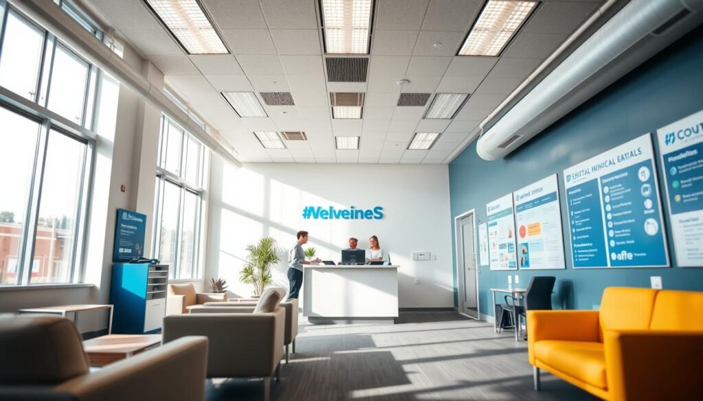 local government helpline office interior, brightly lit with natural sunlight, modern and minimalist design with sleek furniture and clean lines, reception desk with friendly staff assisting citizens, infographic displays on the walls showcasing various municipal services and contact information, warm color palette of grays, blues, and whites, low-angle perspective to convey a sense of approachability and accessibility, tilt-shift lens effect for a slightly whimsical, inviting atmosphere