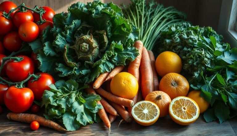 A bountiful display of freshly harvested raw fruits and vegetables, bathed in soft natural lighting, arranged on a rustic wooden table. Vibrant hues of ruby red tomatoes, leafy green kale, earthy carrots, and juicy citrus fruits create a visually appealing composition. The scene exudes a sense of purity, simplicity, and abundance, reflecting the philosophy of the "DIP Diet" and the importance of incorporating raw, natural foods into a balanced, healing-focused lifestyle. The image captures the essence of Luke Coutinho's approach to holistic wellness, promoting the beauty and nourishment of unprocessed, detoxifying ingredients.