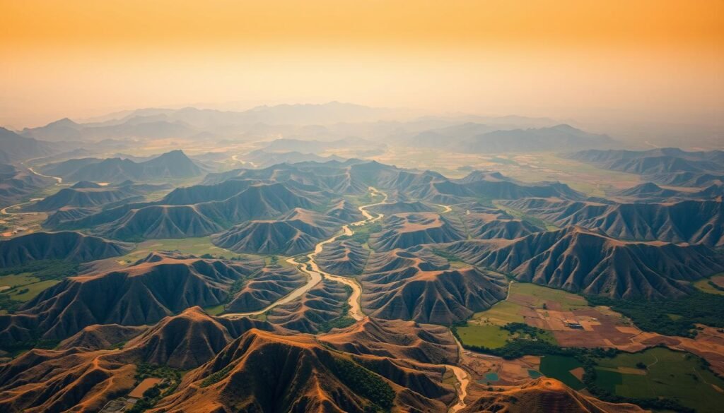 A breathtaking aerial panorama of India's diverse regional landscapes. In the foreground, a tapestry of vibrant hues and intricate patterns representing the rich cultural tapestry of the nation's 28 states and 8 union territories. In the middle ground, majestic mountain ranges, verdant valleys, and winding rivers carve through the terrain, showcasing India's remarkable geographical diversity. The background fades into a hazy horizon, hinting at the vastness and scale of this captivating land. Warm, soft lighting casts a serene, contemplative mood, inviting the viewer to explore the many facets of India's regional identities. A high-resolution, cinematic perspective that captures the essence of India's cultural and geographical divisions.
