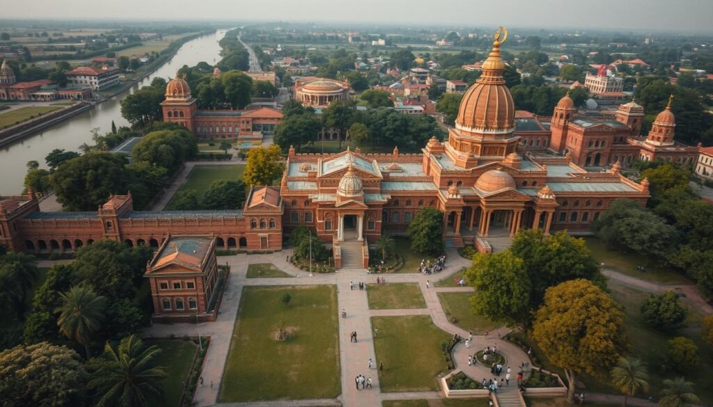 A breathtaking aerial view of Banaras Hindu University's sprawling campus, nestled along the serene banks of the holy Ganges river. The stately red-brick buildings and verdant lawns are complemented by the iconic Shiva temple, its golden spire glistening in the warm sunlight. Researchers in crisp white lab coats bustle through the bustling corridors, deep in thought as they push the boundaries of scientific discovery. In the distance, students gather in shaded courtyards, engaged in lively discussions and collaborative projects that exemplify BHU's commitment to academic excellence. The entire scene is bathed in a soft, diffused lighting that lends an air of timeless elegance to this celebrated center of learning.